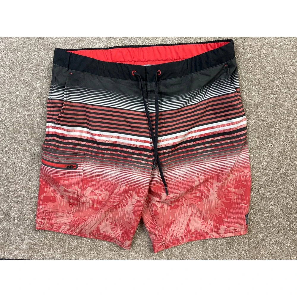 Mens 32 Board Shorts Red Black Striped Palm Tropical Swim Trunks